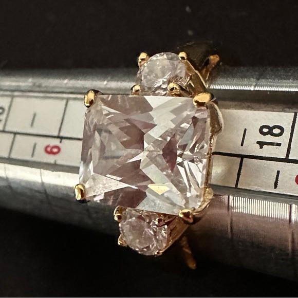 GET ENGAGED Emerald Cut Rectangular CZ 3 Stone Gold Ring Size 7 - Picture 2 of 8